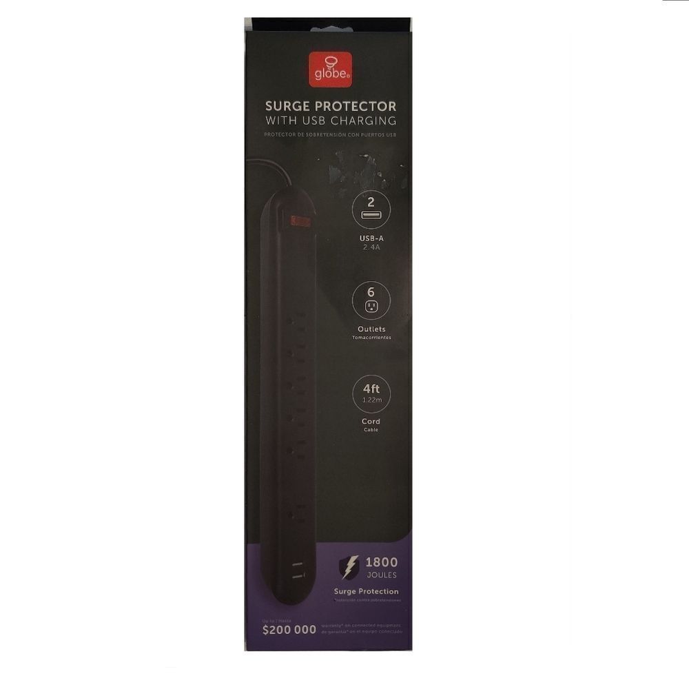 New Globe Electric 4' 6 Outlet Extension Cord Black 2 USB Surge Protector NIB